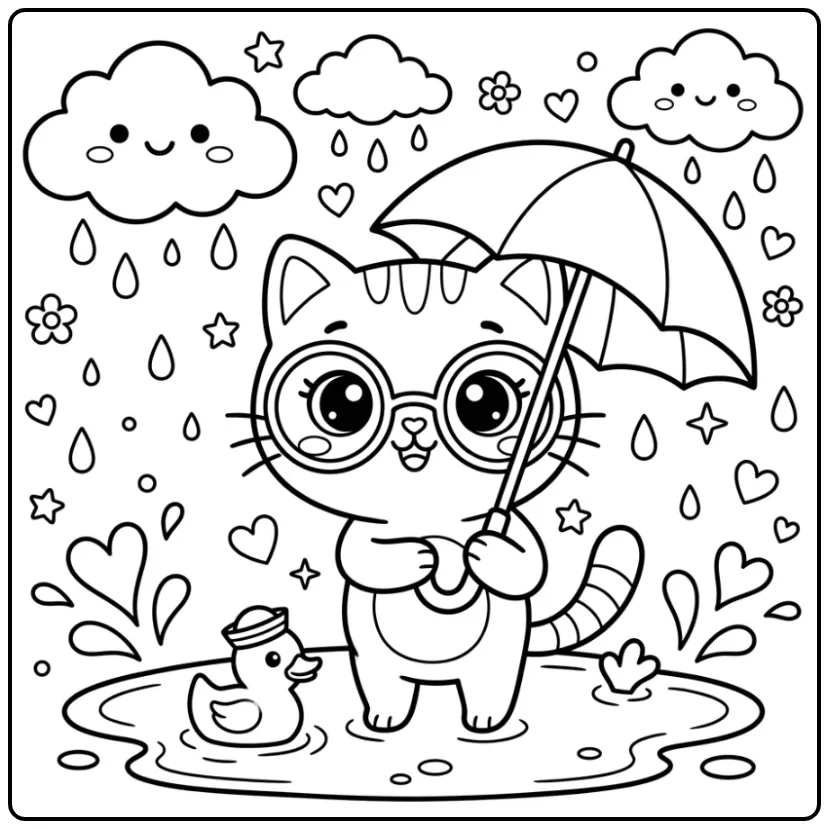 Leuke kleurplaat kawaii kat met een eendje in de regen.