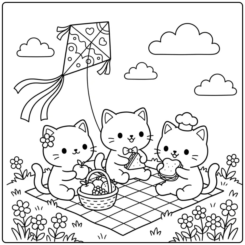Schattige kleurplaat kawaii kat met drie picknickende poesjes