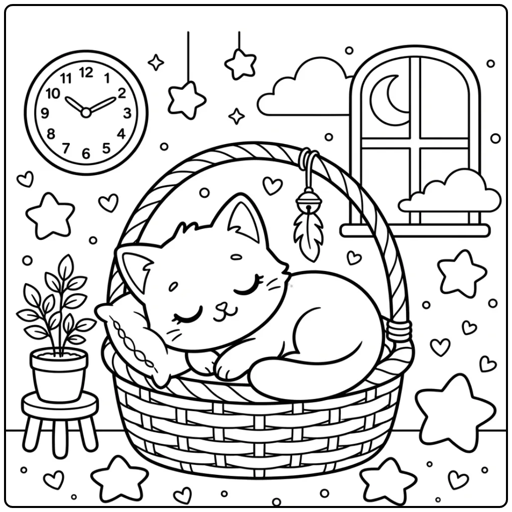 Lieve kleurplaat kawaii kat met sterretjes en speelgoed