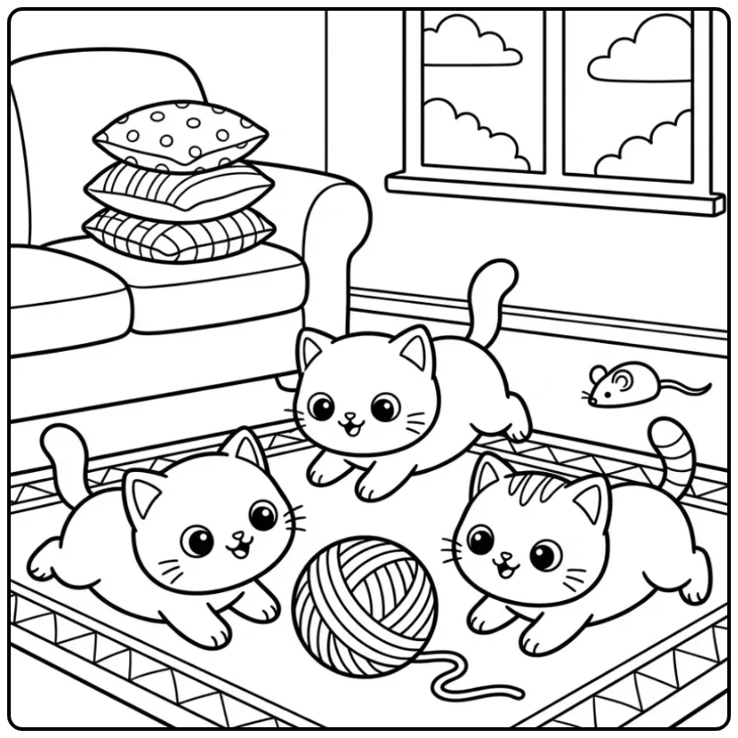 Drie spelende kittens met wol op deze kleurplaat kawaii kat.