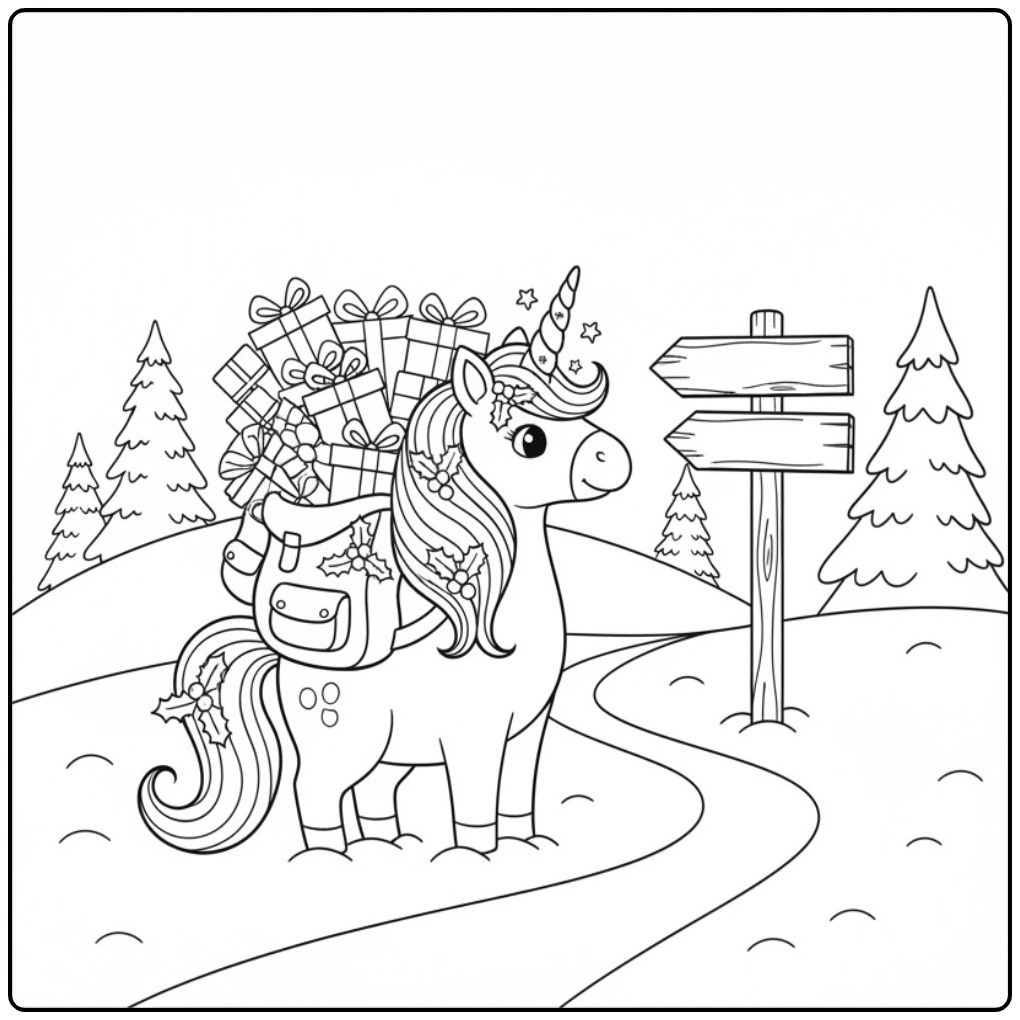 Kleurplaat: Kerst eenhoorn die cadeautjes bezorgt kleurplaat