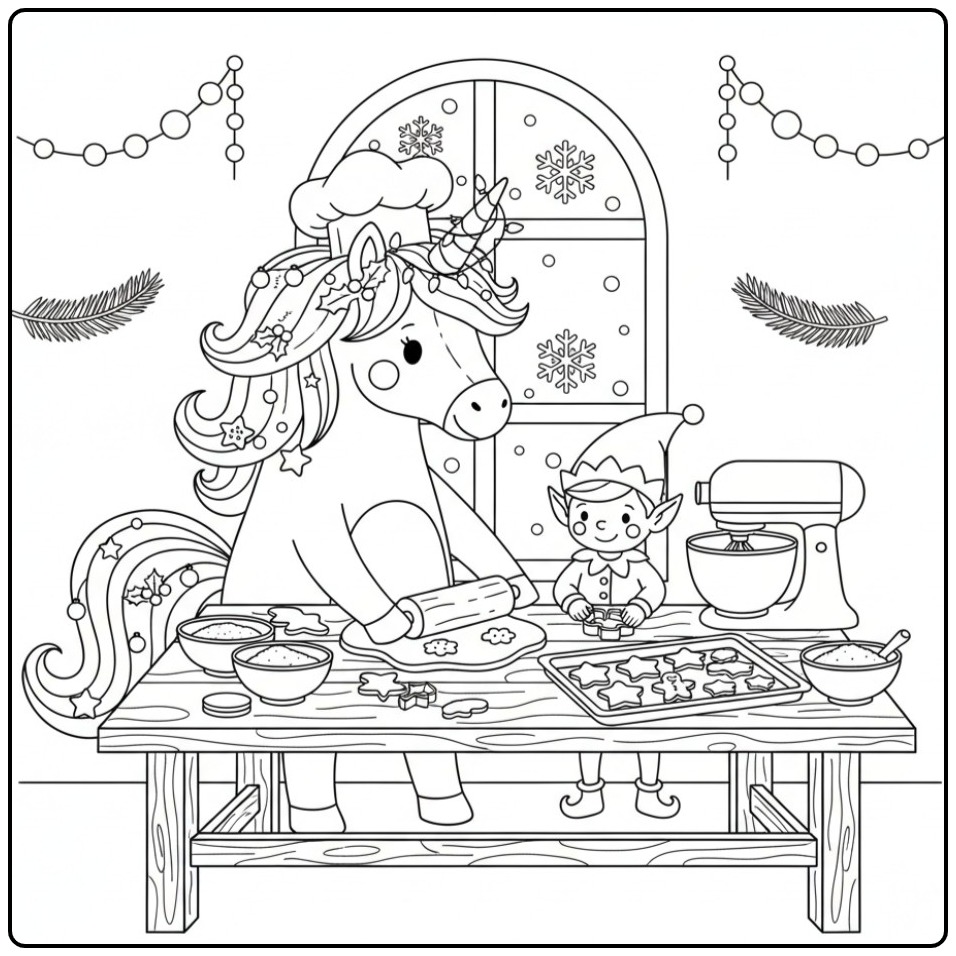 Kleurplaat kerst unicorn bakt met elf koekjes, gezellig!