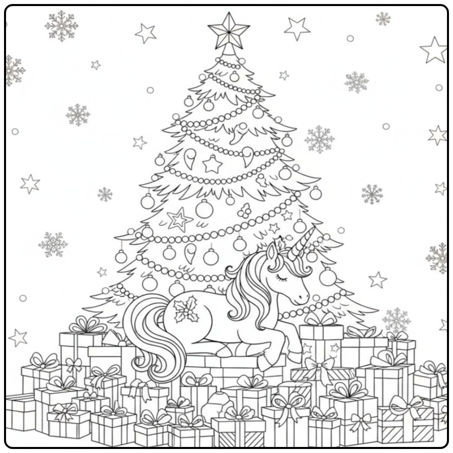 Kleurplaat kerst unicorn, magische feestdagen vol fantasie!