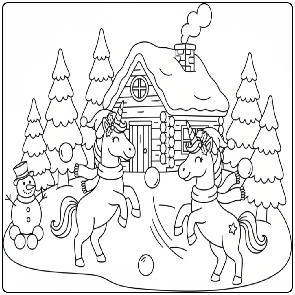 Kleurplaat kerst unicorn, winterpret met eenhoorns en sneeuwpop!