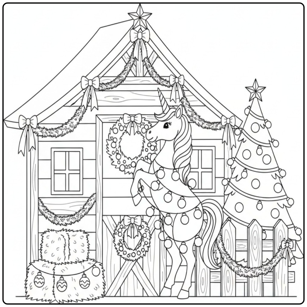 Kleurplaat kerst unicorn: Eenhoorn bij kerststal kleurplaat kerst unicorn