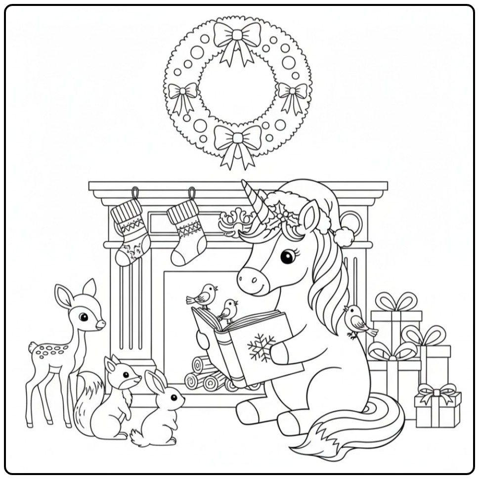 Kleurplaat kerst unicorn met eenhoorn en dieren bij de open haard.