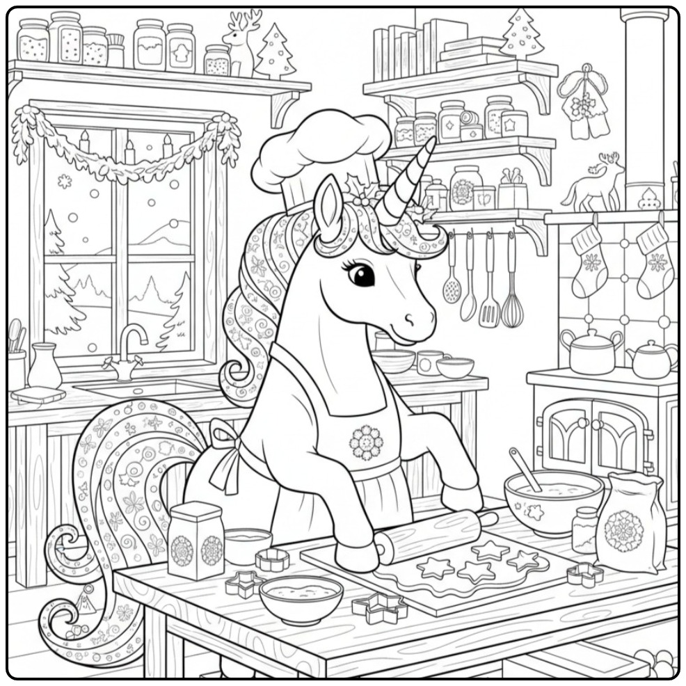 Kleurplaat kerst unicorn bakt koekjes. Wat een feest!