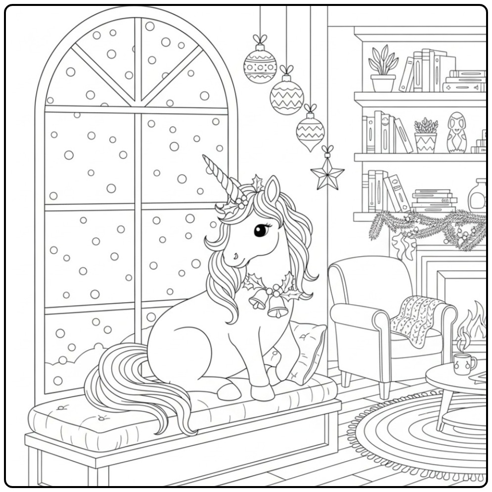 Kleurplaat kerst unicorn, winterse magie! Eenhoorn in huis.