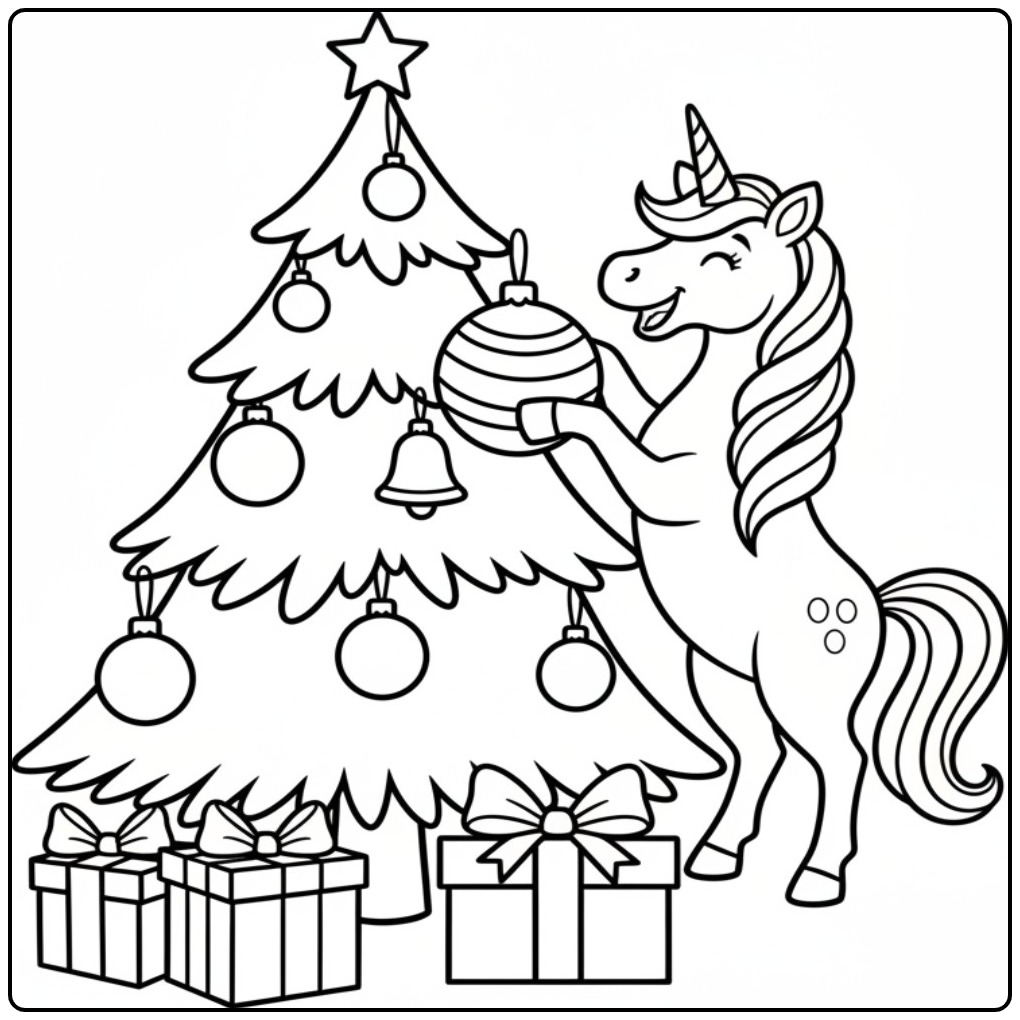 Kleurplaat kerst unicorn versiert de boom met een glimlach.