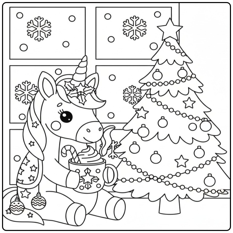 Kleurplaat kerst unicorn, winterse eenhoorn met warme chocolademelk