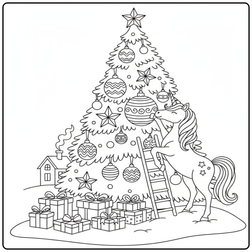 Kleurplaat kerst unicorn: Eenhoorn versiert de boom!