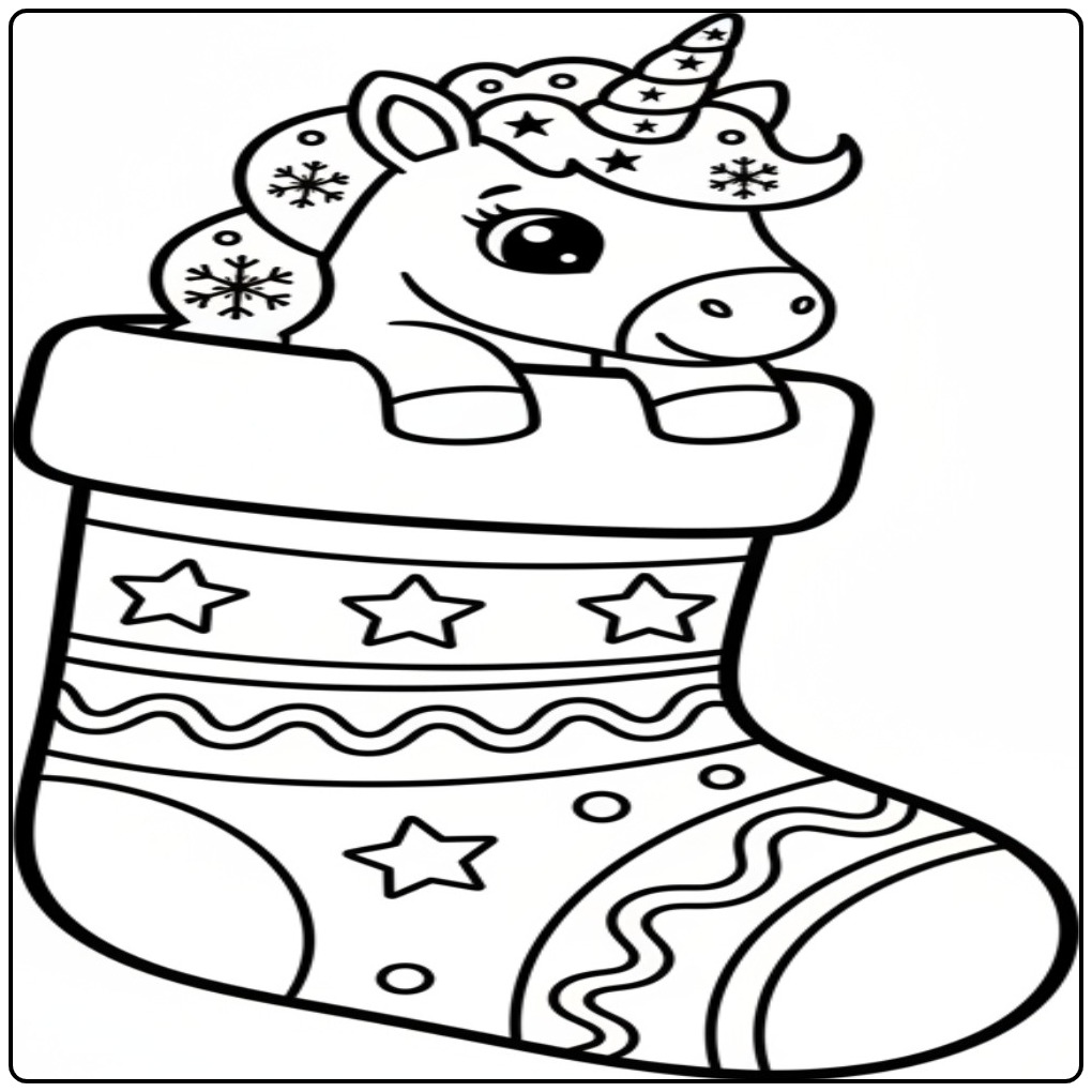 Kleurplaat kerst unicorn in een feestelijke kerstsok, klaar om in te kleuren!