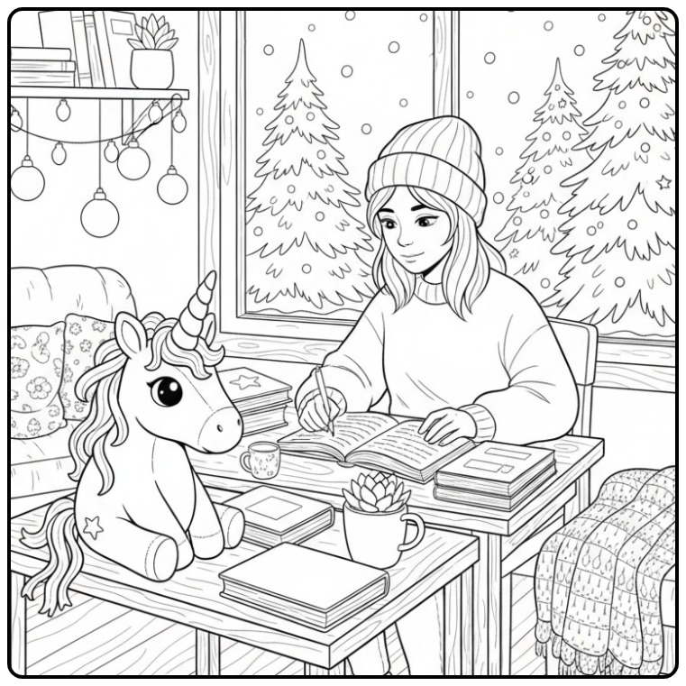 Meisje met kleurplaat kerst unicorn aan het studeren bij kerstboom.