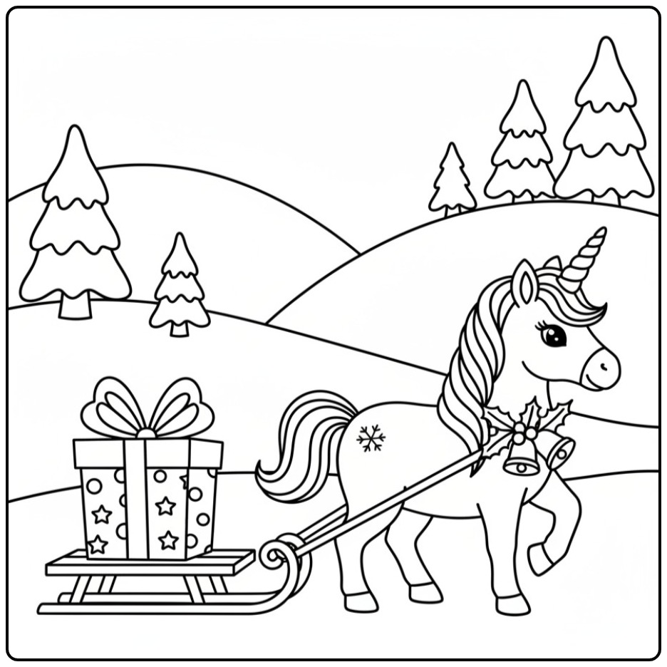 Kleurplaat kerst unicorn slee trekt door het winterlandschap