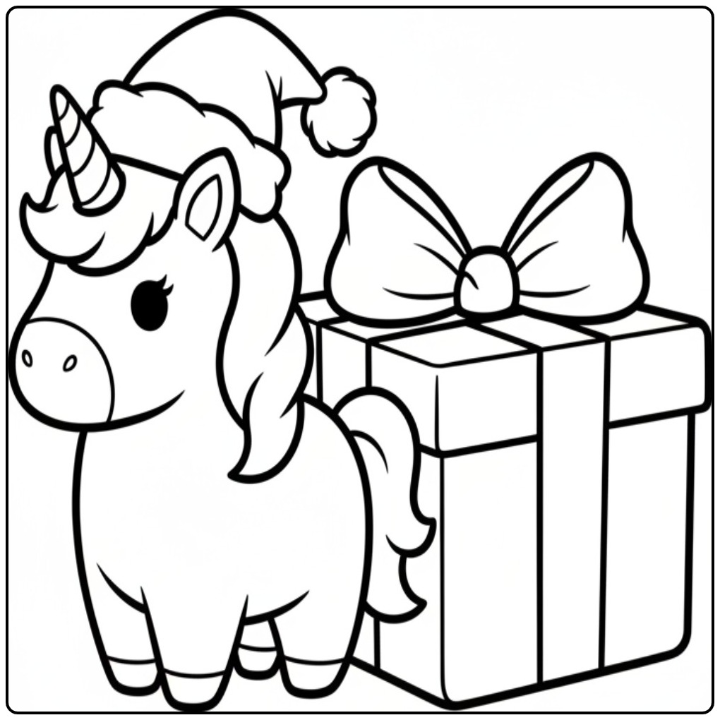 Kleurplaat kerst unicorn met cadeau, feestdagen pret
