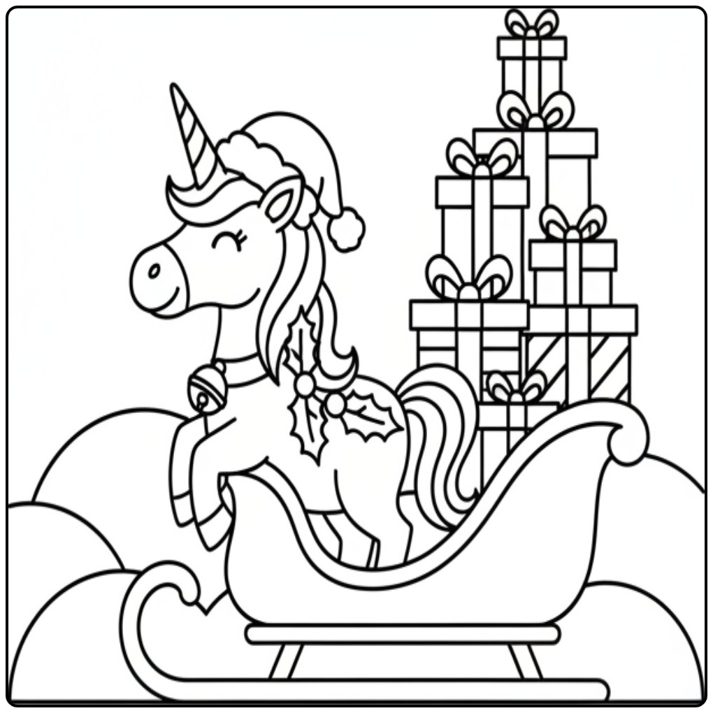 Kleurplaat kerst unicorn met pakjes in de arrenslee
