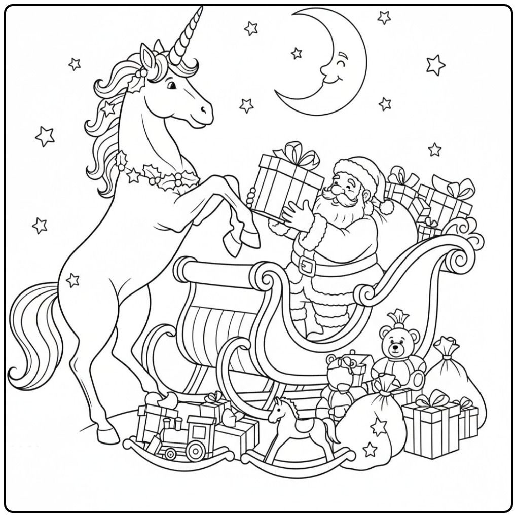 Kleurplaat kerst unicorn met slee en de kerstman. Zo leuk!