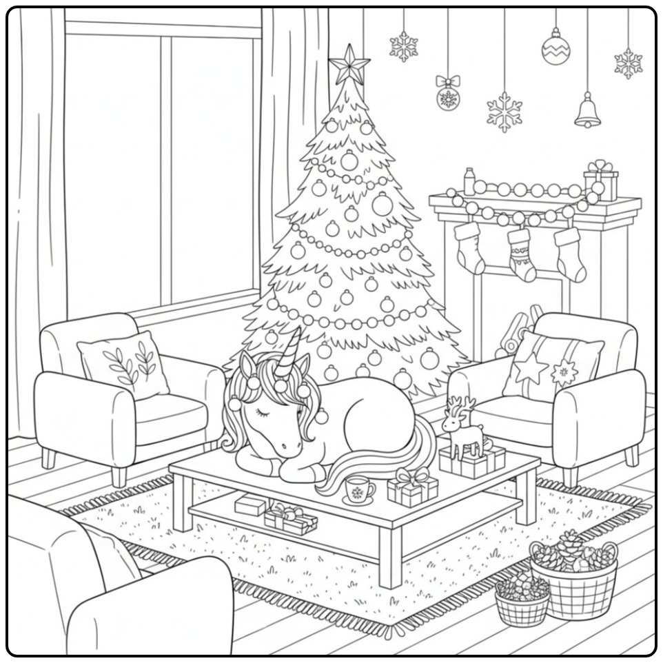 Kleurplaat kerst unicorn, slapende eenhoorn op tafel.