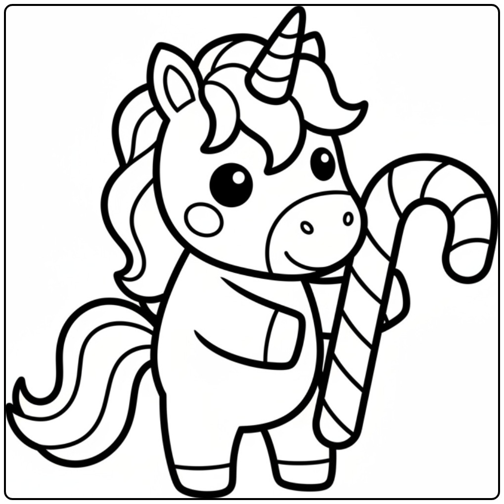 Kleurplaat kerst unicorn met een snoepstok, klaar om in te kleuren!