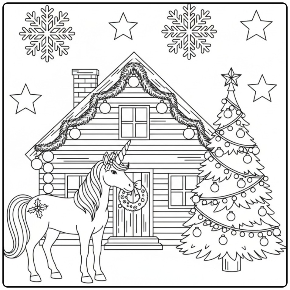Kleurplaat kerst unicorn met huis en sterren, print en kleur in!
