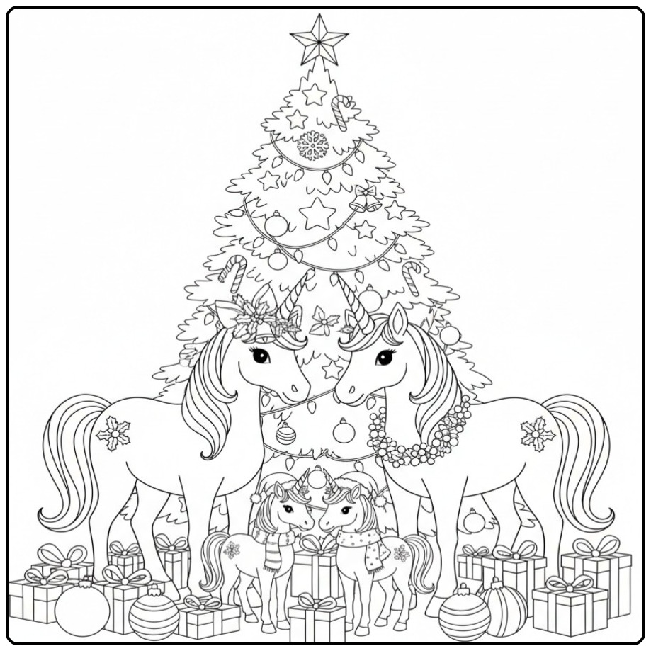 Kleurplaat kerst unicorn met cadeau's en een mooie kerstboom