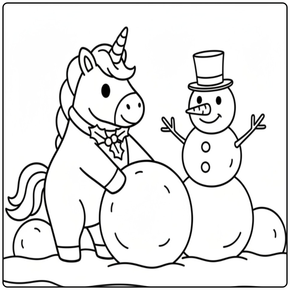 Kleurplaat kerst unicorn maakt een sneeuwpop. Wat een pret!