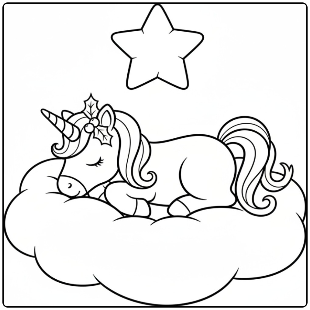 Kleurplaat kerst unicorn: dromen op een wolk