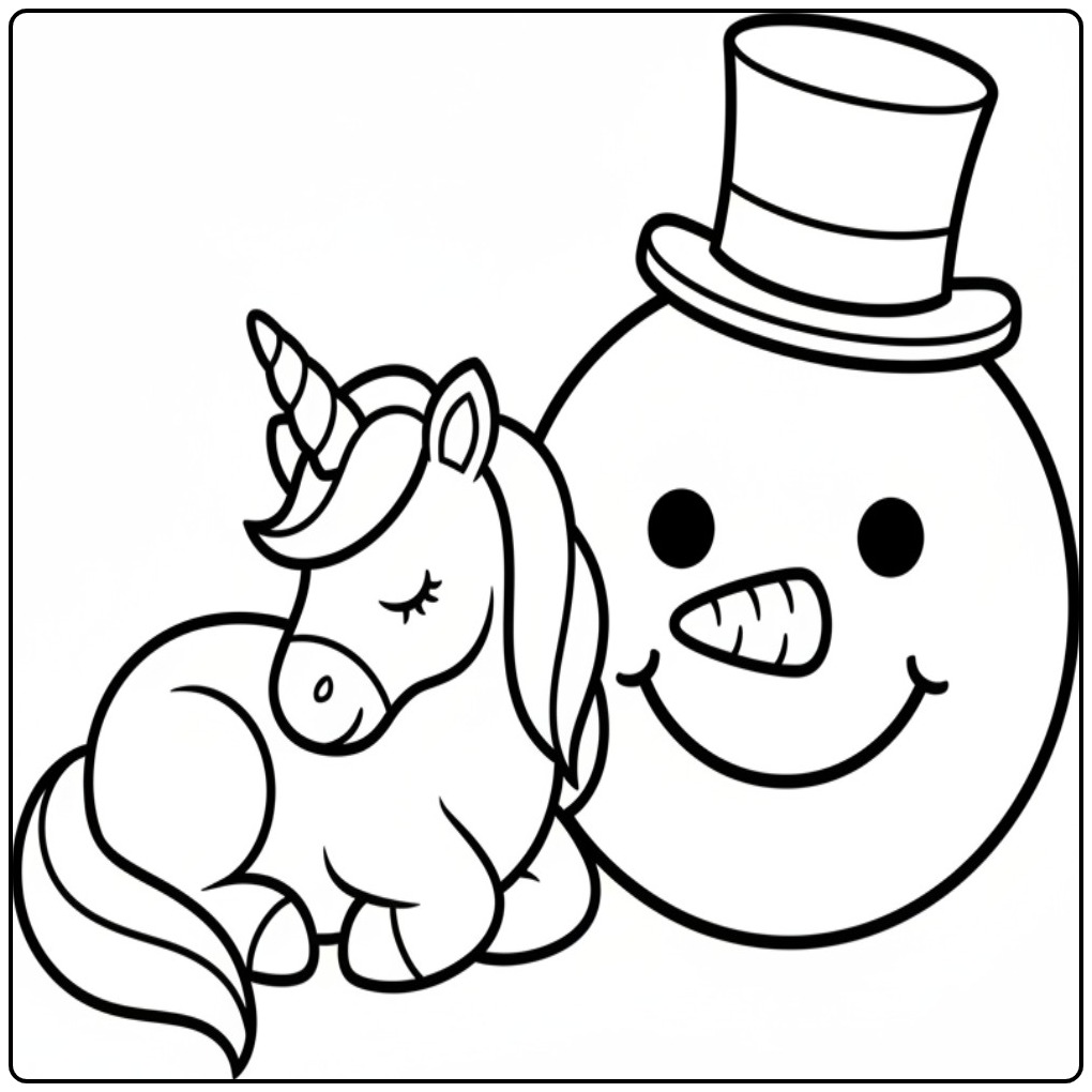 Kleurplaat kerst unicorn, eenhoorn en sneeuwman samen kleur plezier!