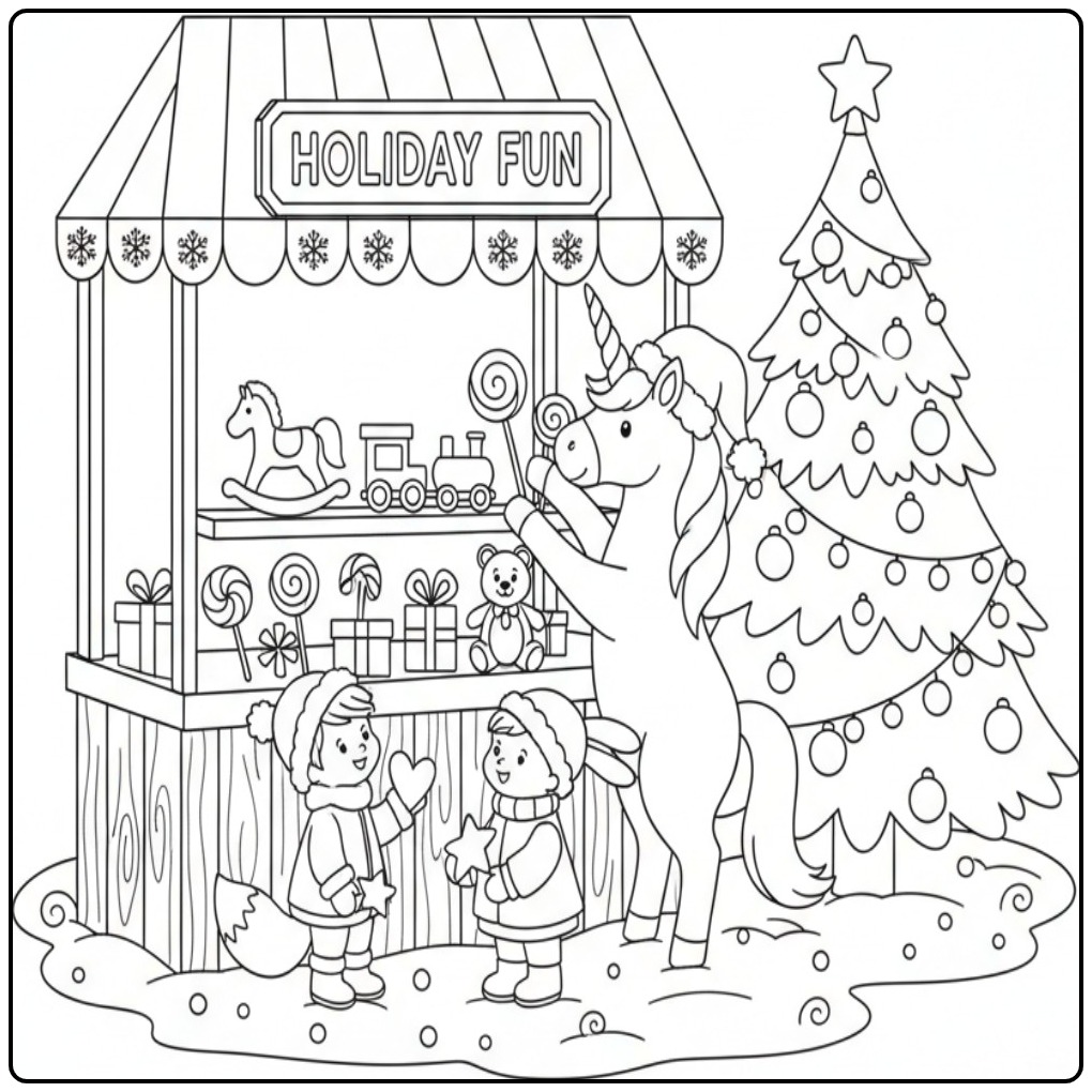 Kleurplaat kerst unicorn met kraam, kerstboom en vrolijke kinderen.