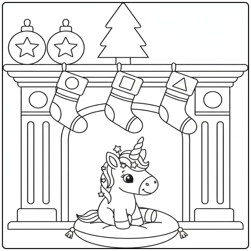 Kleurplaat kerst unicorn met kerstboom en ballen bij open haard