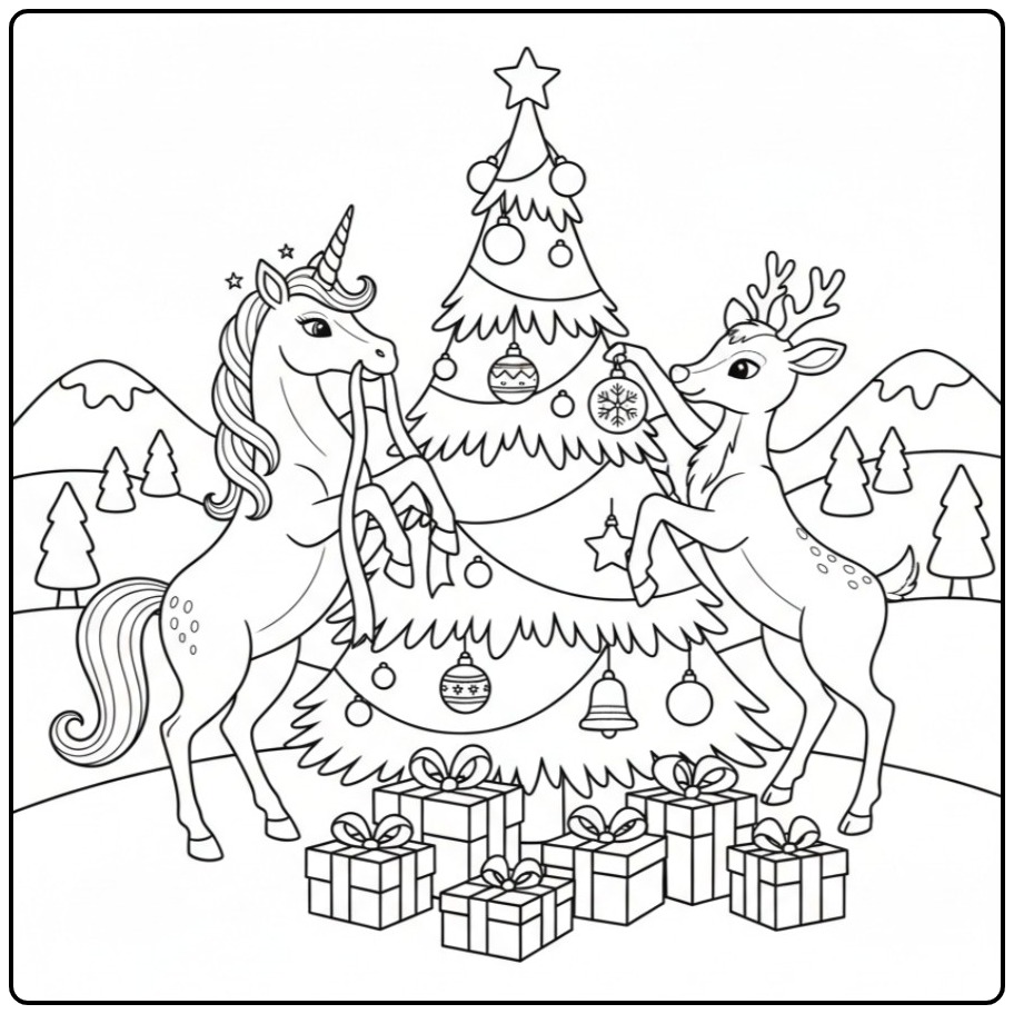 Eenhoorn kerstboom, kleurplaat kerst unicorn, feestelijke scène.