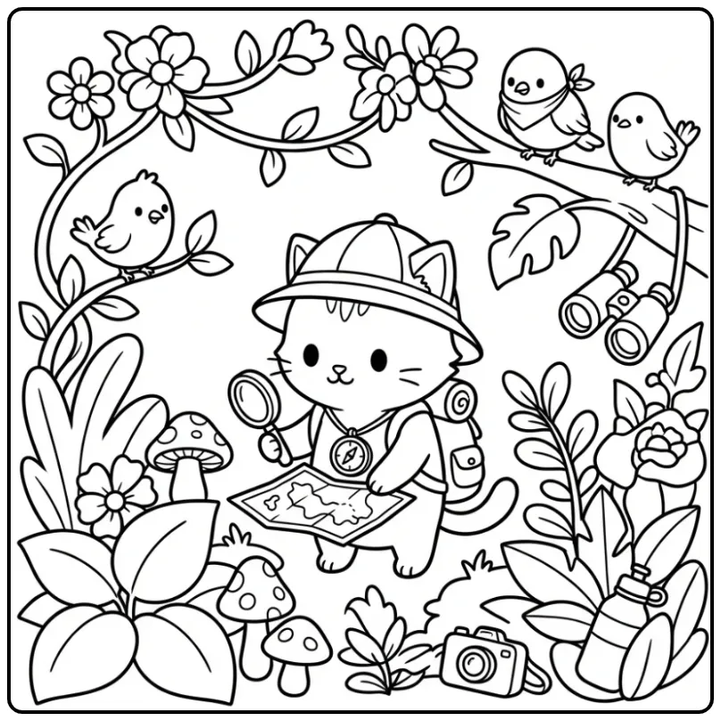 Jungle avontuur kleurplaat kitten met planten en vogels