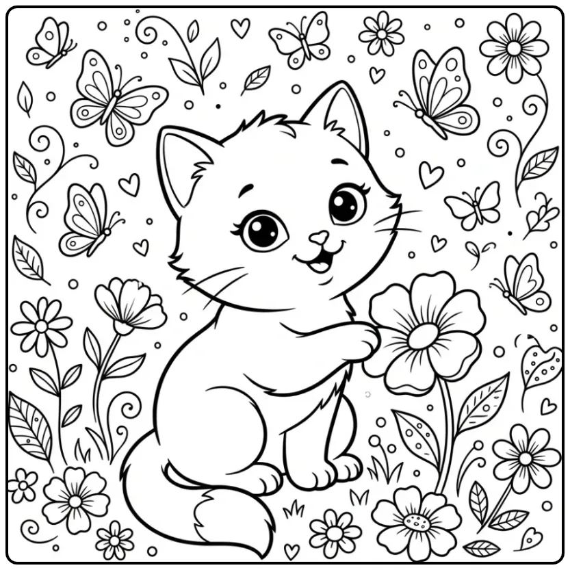 Schattige kleurplaat kitten spelend tussen bloemen en vlinders.