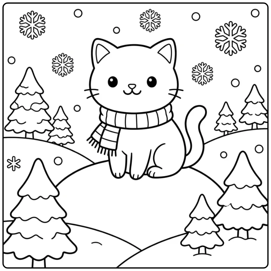 Schattige kleurplaat kitten met sjaal in de sneeuw.