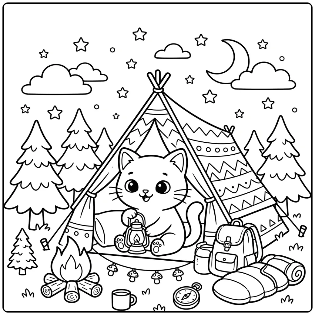 Schattige kleurplaat kitten in een tent met een lantaarn.