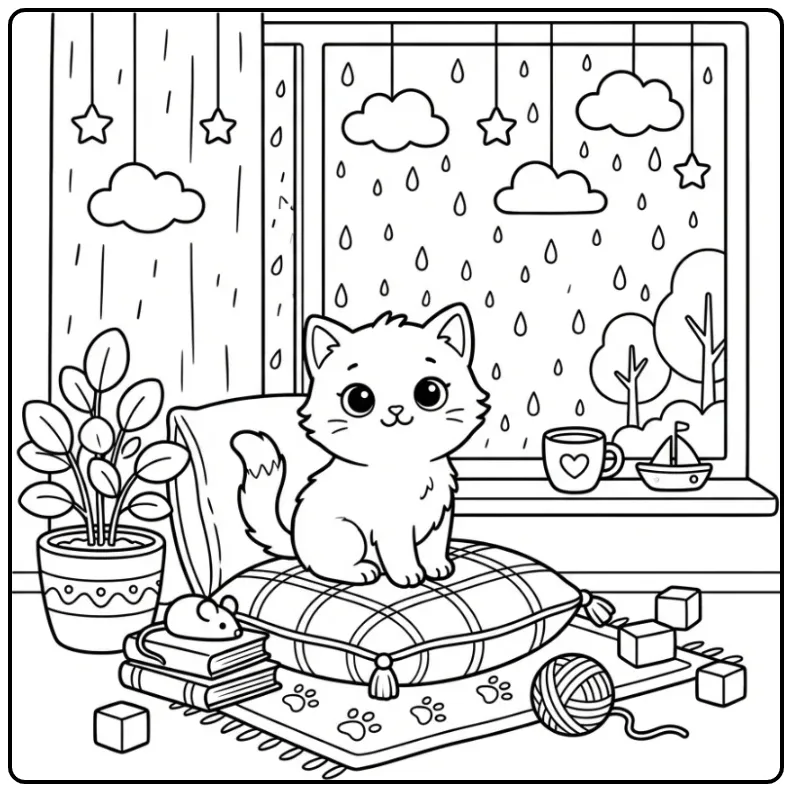 Schattige kleurplaat kitten kijkt naar regen en wolken.