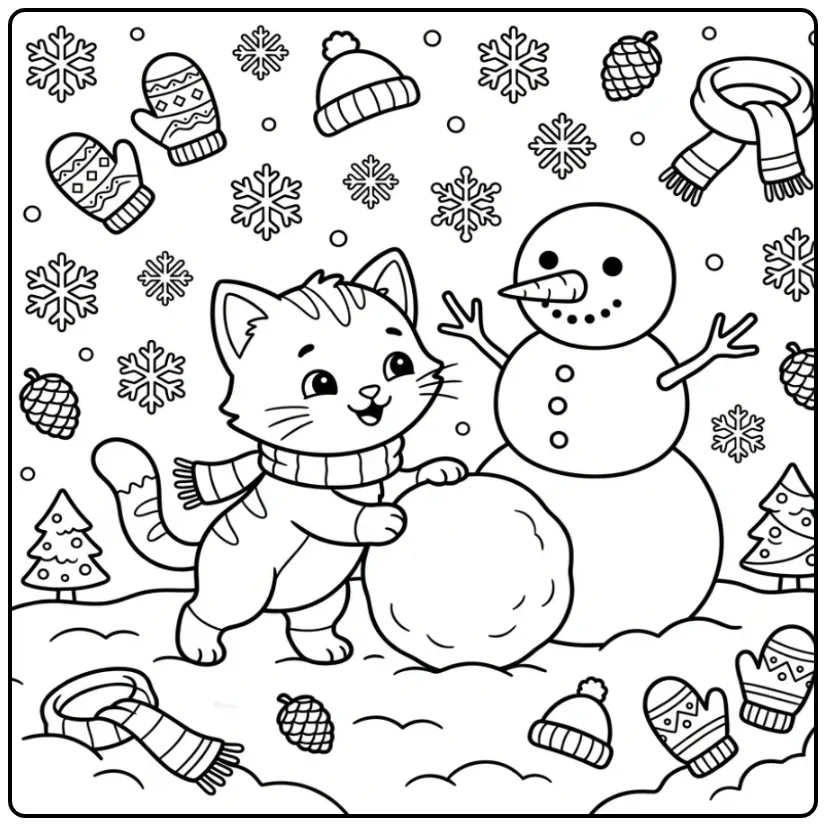 Vrolijke kleurplaat kitten met sneeuwpop en sneeuwvlokken