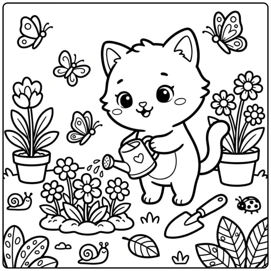 Schattige kleurplaat kitten geeft bloemen water in de tuin.