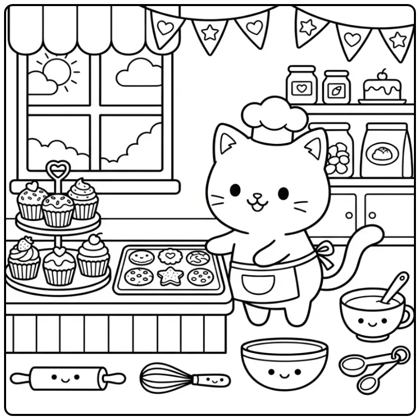 Schattige kleurplaat kitten in bakkerij met cupcakes.