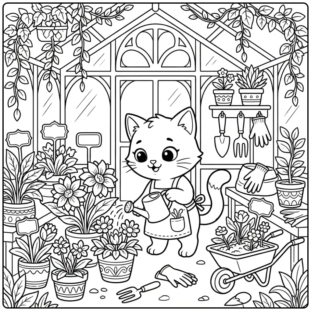 Schattige kleurplaat kitten moeilijk met planten in kas.