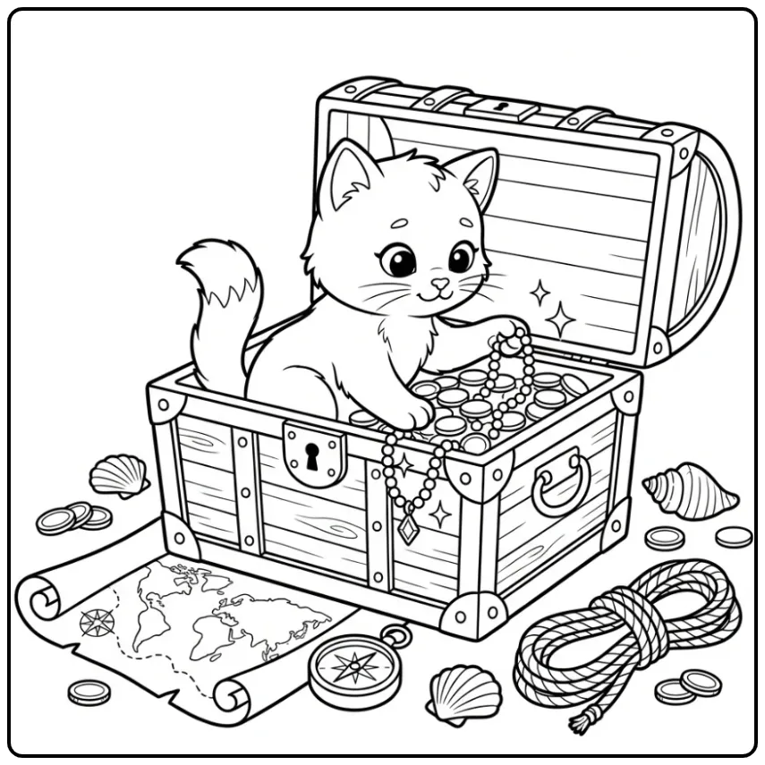 Gedetailleerde kleurplaat kitten moeilijk in een schatkist.