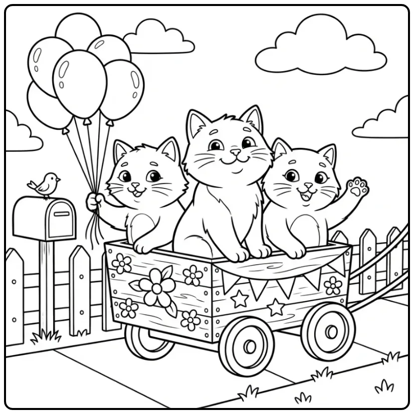 Gedetailleerde kleurplaat kitten moeilijk in een bolderkar.