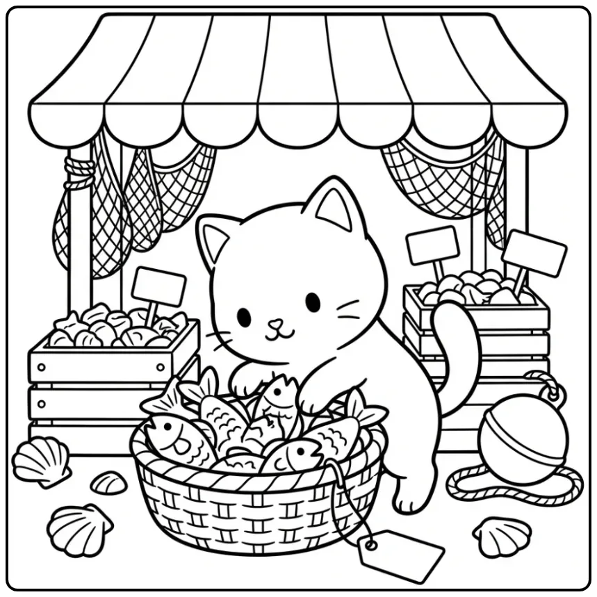 Gedetailleerde kleurplaat kitten moeilijk bij de viskraam
