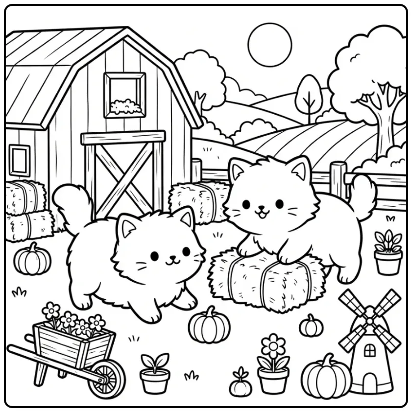 Schattige kleurplaat kitten met vriendje bij een boerderijschuur.