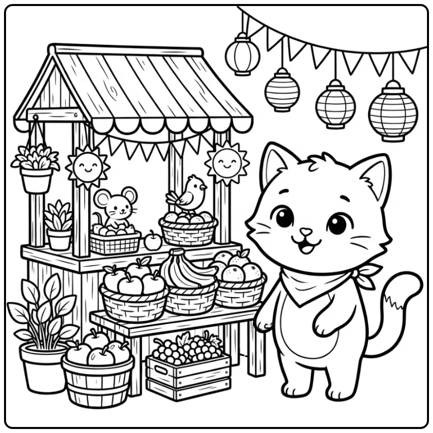 Schattige kleurplaat kitten bij een fruitkraam met mandjes
