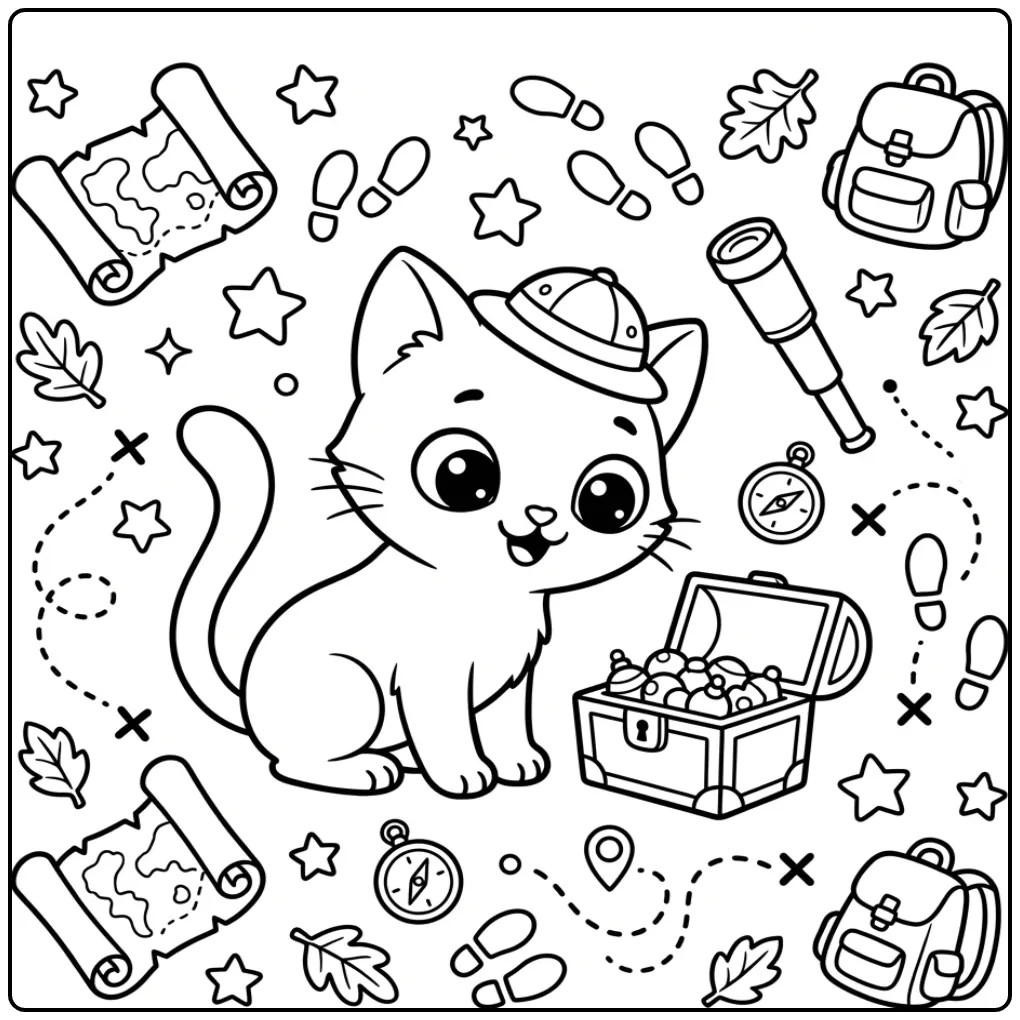 Avontuurlijke kleurplaat kitten schattig met een schatkist.