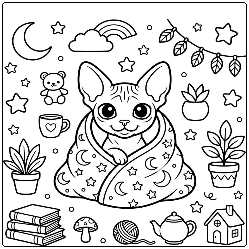 Een kleurplaat kitten schattig sphynx in een warme deken.