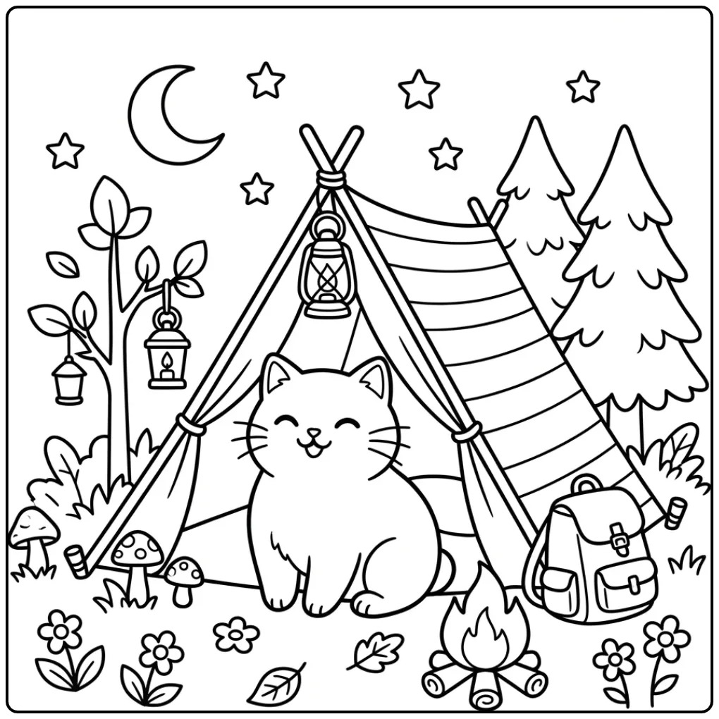 Een vrolijke kleurplaat kitten schattig onder de sterren.