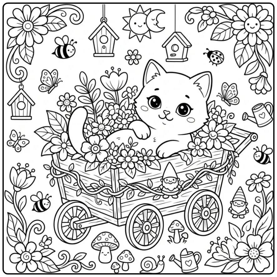 Een kleurplaat kitten schattig in een bloemenkarretje.