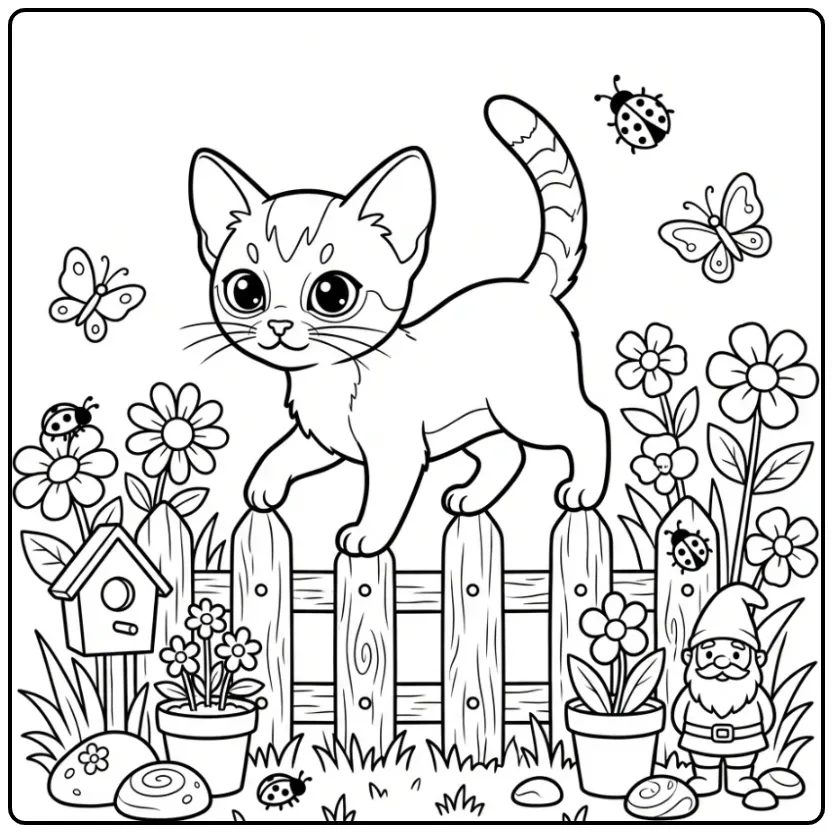 Abessijnse kleurplaat kitten schattig in de bloementuin.